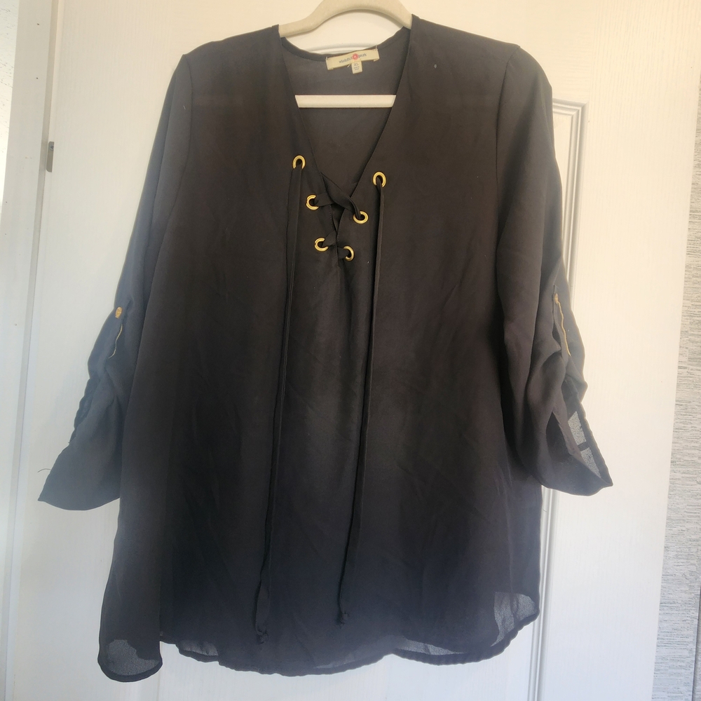 Wishful Park Black Lace-Up V-Neck Blouse Size XL Euc